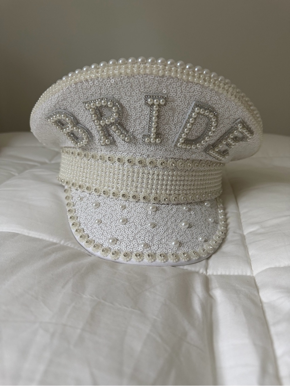 Pearl-Embellished White Sequin Captain Hat